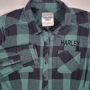 Harley Davidson Women's Plaid Flannel Shirt Button Down Green& Black Size Medium